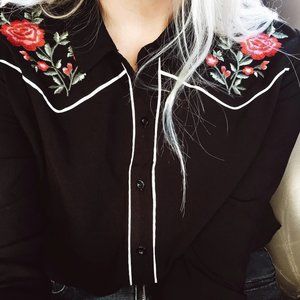 Rose Embroidered Long Sleeve Button Up Top